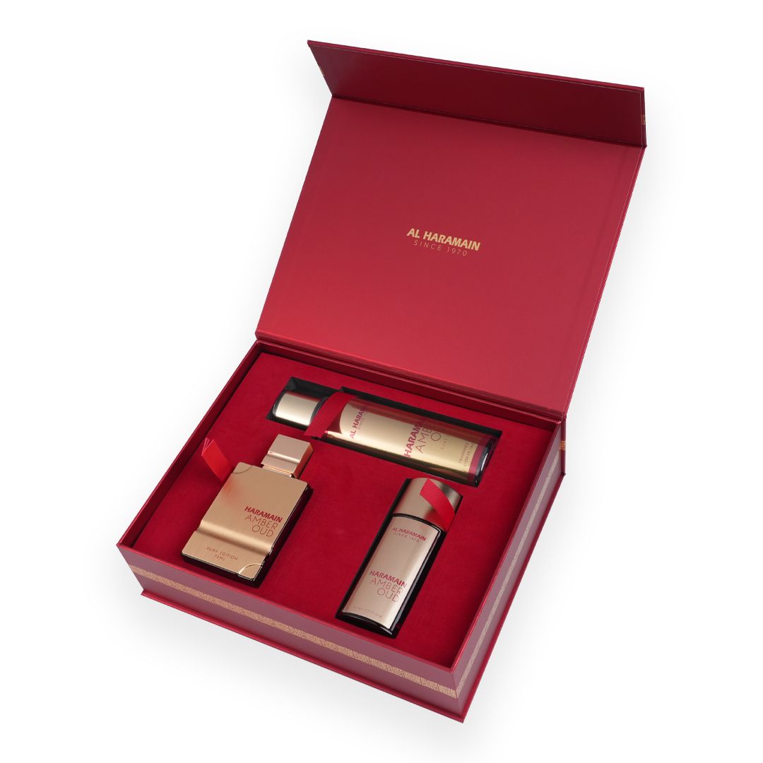 HARAMAIN AMBER OUD RUBY EDITION GIFT SET (75ml EDP +30ml Travel Spray + 250ml Body Mist)
