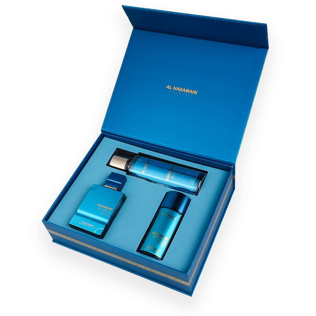 AMBER OUD AQUA DUBAI PERFUMERY GIFT SET (75ml EDP +30ml Travel Spray + 250ml Body Mist)
